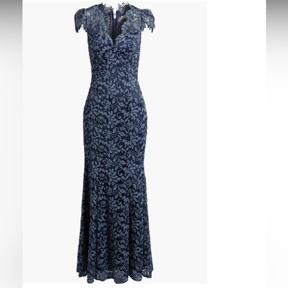 Eliza j Illusion lace Cap Sleeve floor length Gown denim blue size M - Picture 1 of 5
